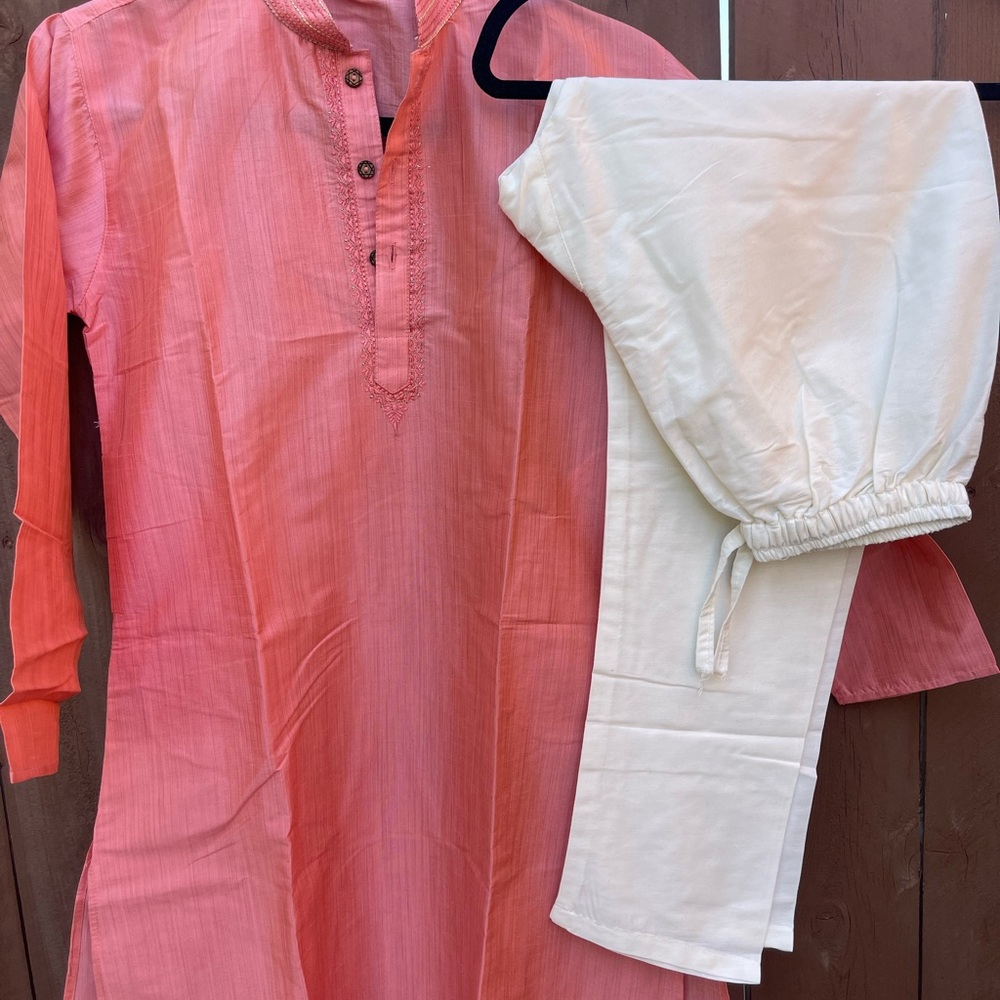 Coral Kurta with White Pants